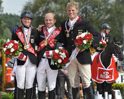 Sie gewannen alle Einzelmedaillen in Luhmühlen für Deutschland: v.l. Sandra Aufarth (Silber), Michael Jung (Gold), Frank Ostholt (Bronze). Foto: Kate Green 